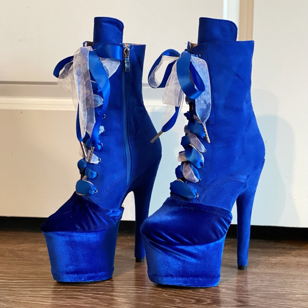Blue Suede Platform Pole Dance Boots with Protectors
